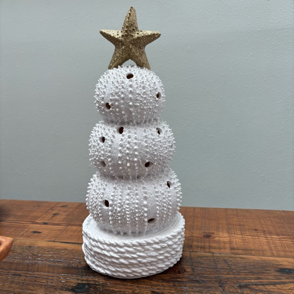 Coastal Shell Christmas Tree Gold Star Lights Up